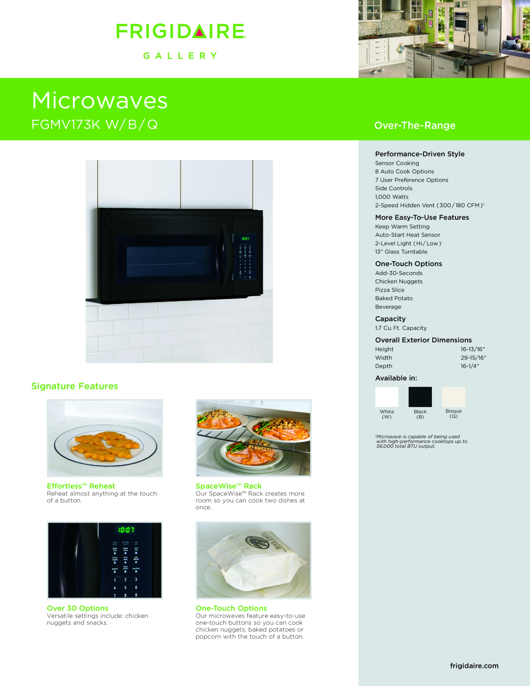 Frigidaire FGMV173K dimensions Effortless Reheat, SpaceWise Rack, Over 30 Options, One-TouchOptions, Capacity, Microwaves 